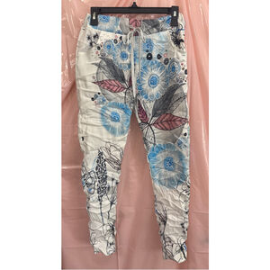 Venti6 Super Stretchy Crinkle White Blue Pink Floral Track Pants Joggers